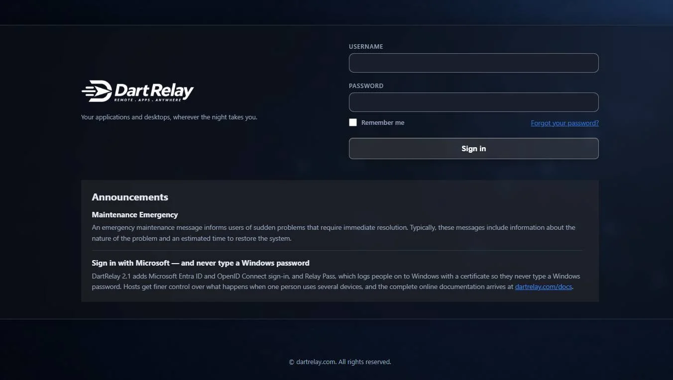 DartRelay: dark theme portal demo