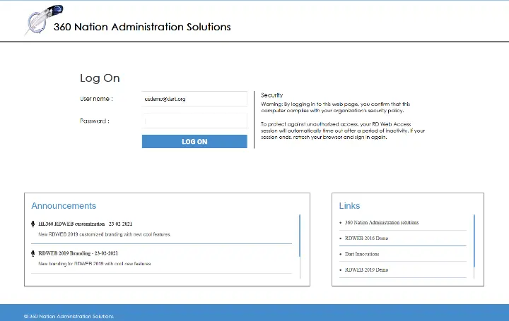 360 Nation Administration Solutions – Remote Desktop Web Access 2019