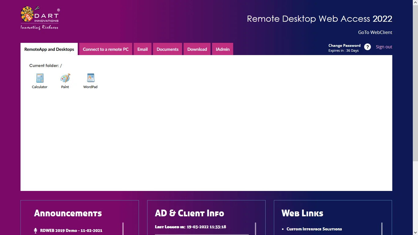 Custom RD Web Access apps page with announcements and links