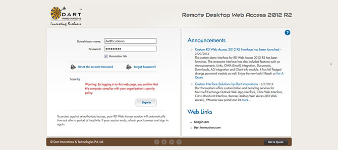 Dart Innovations has updated it’s RD Web demo interface to Remote Desktop Web Access 2012 R2 with entirely new look