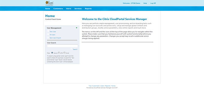 Custom Citrix CloudPortal Services Manager After Login page
