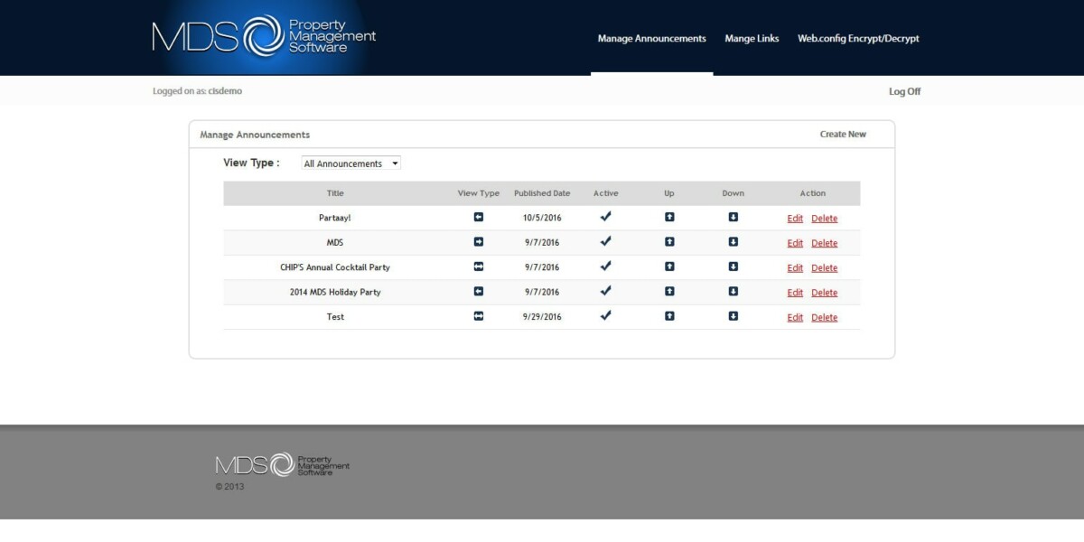 MDS – Interface Admin Manage Announcements