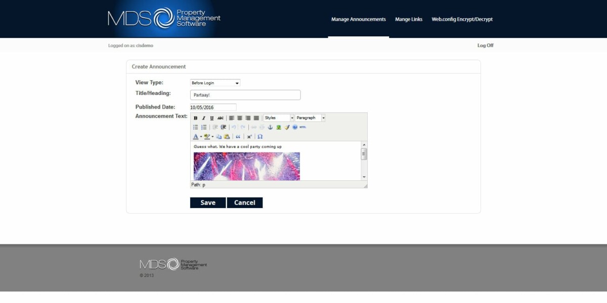 MDS – Interface Admin Create Announcement