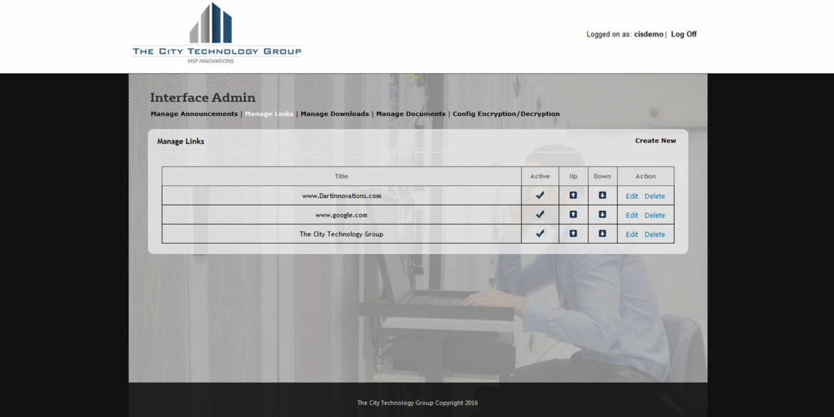 CityTechGroup – Interface Admin Manage Links CityTechGroup – Interface Admin Manage Links