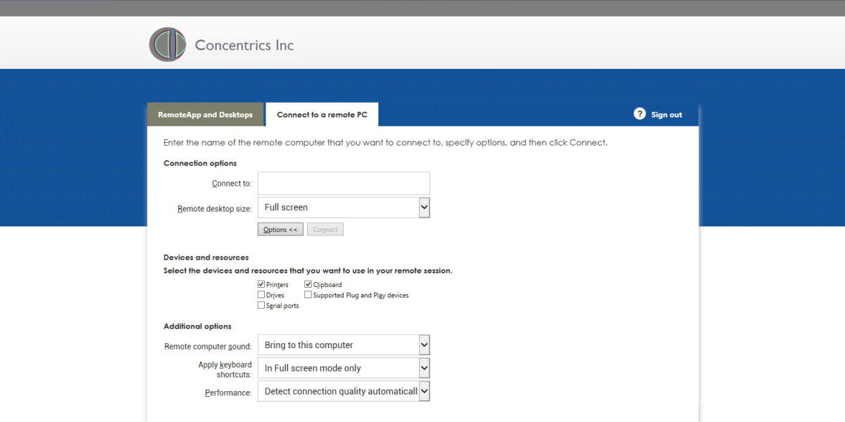 Concentrics Inc – RD Web 2012 RemoteApp and Desktops
