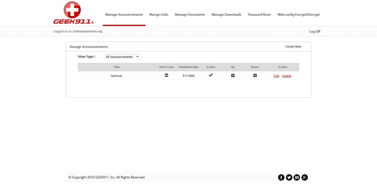 GEEK911 – Interface Admin Manage Announcements GEEK911 – Interface Admin Manage Announcements