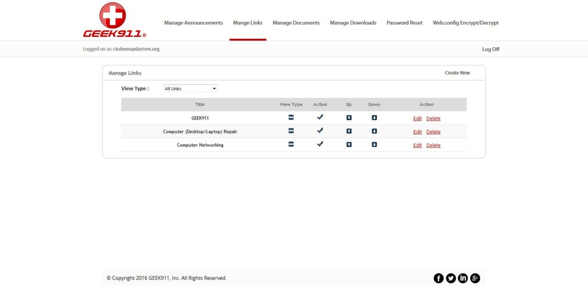 GEEK911 – Interface Admin Manage Links GEEK911 – Interface Admin Manage Links