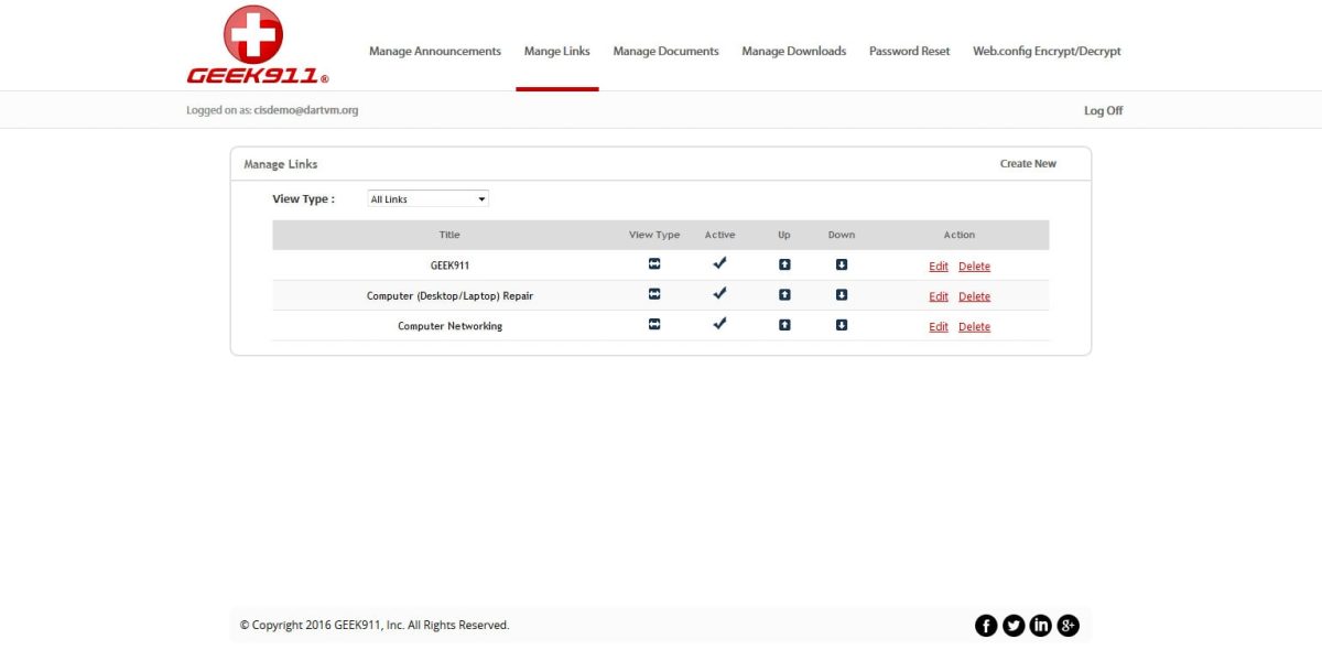 GEEK911 – Interface Admin Manage Links GEEK911 – Interface Admin Manage Links