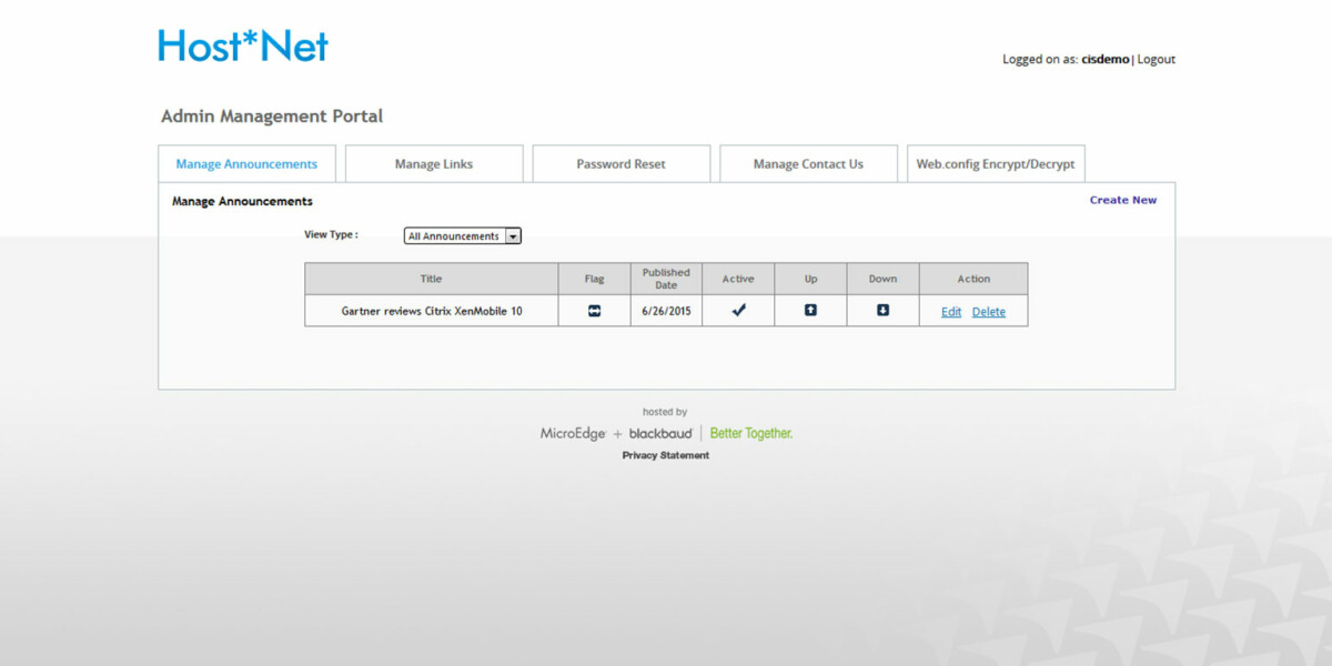 MicroEdge – Interface Admin Manage Announcements