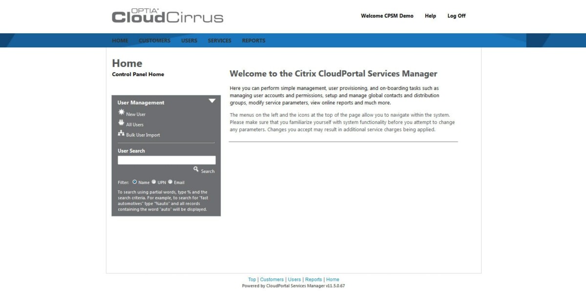 OPTIA Cloud Cirrus – CPSM After Login Page OPTIA Cloud Cirrus – CPSM After Login Page