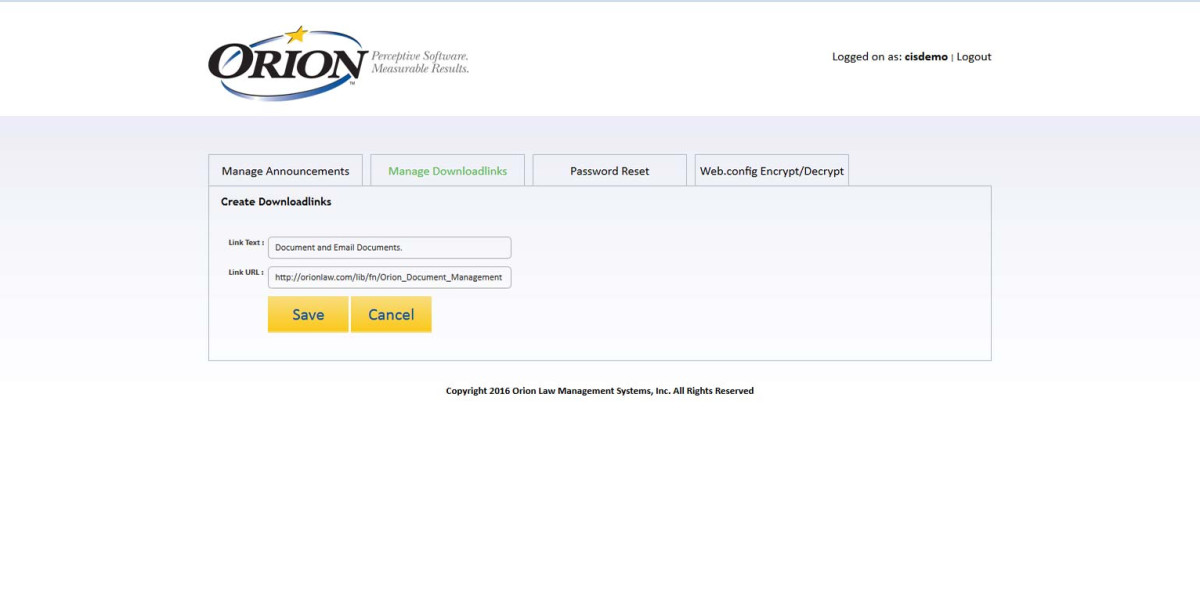 Orion Law – Interface Admin Create Downloadlinks