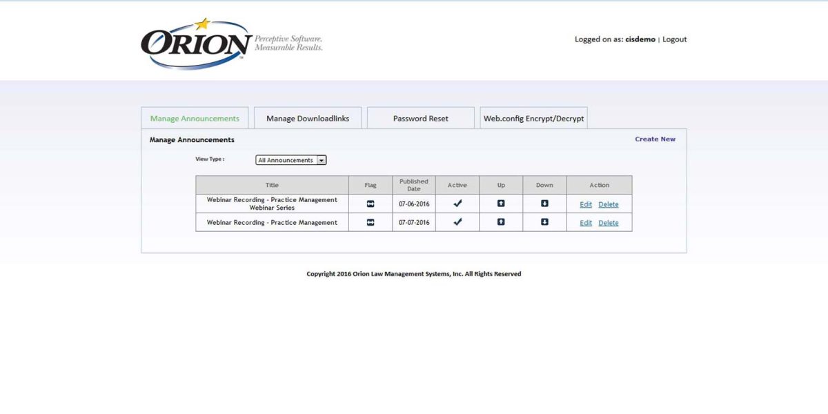 Orion Law – Interface Admin Create Announcement Orion Law – Interface Admin Manage Announcement