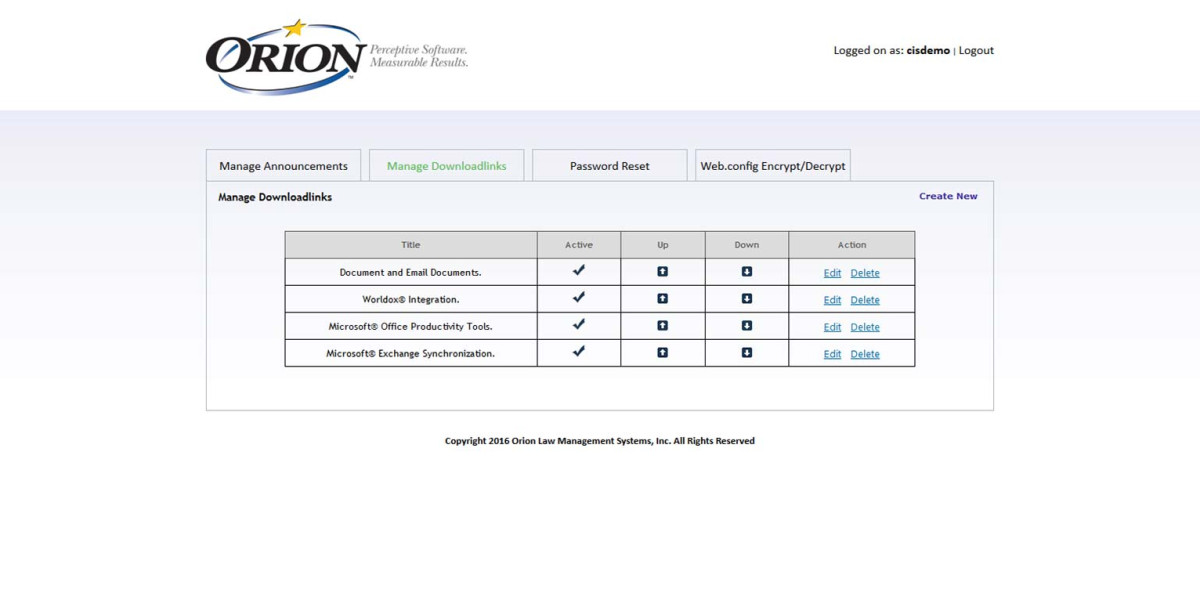 Orion Law – Interface Admin Manage Downloadlinks