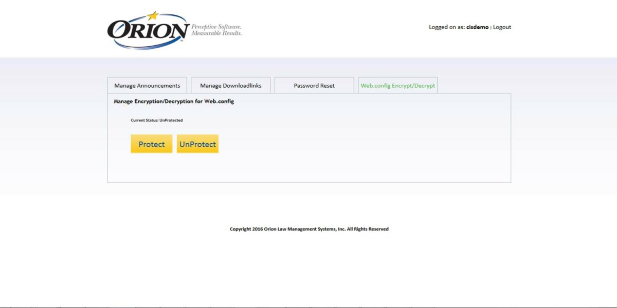Orion Law – Interface Admin Manage Encrypt & Decrypt