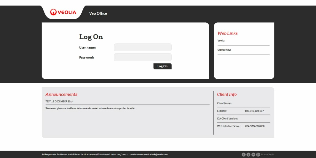 Veolia Custom StoreFront 2.6 Receiver Web Login