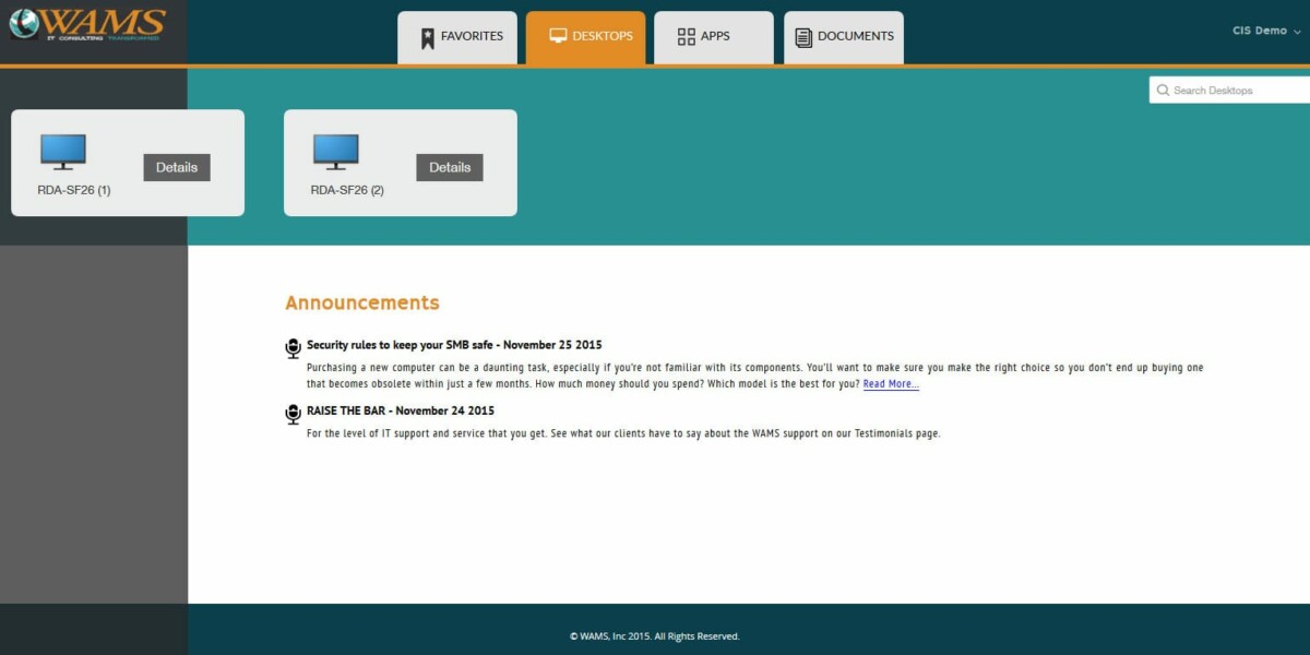 WAMS Inc – Citrix StoreFront 3.0 Desktops Page