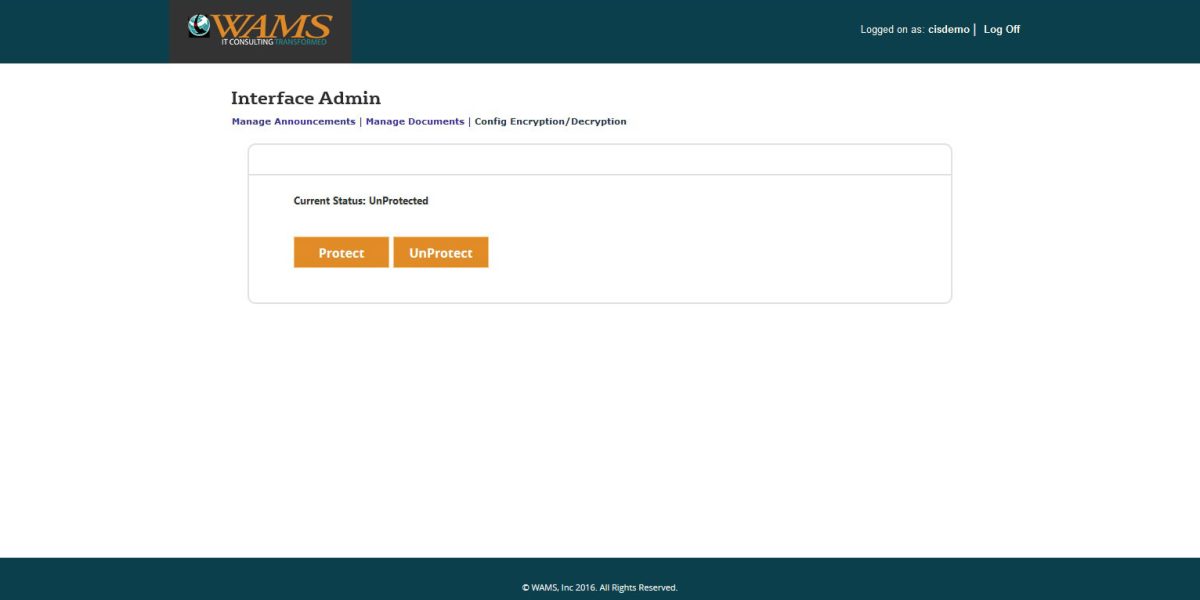 WAMS Inc – Interface Admin Config Encryption / Decryption WAMS Inc – Interface Admin Config Encryption / Decryption