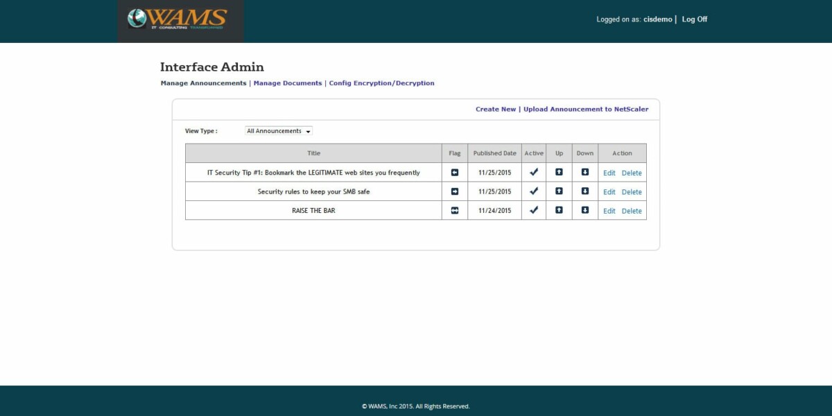 WAMS Inc – Interface Admin Manage Announcements