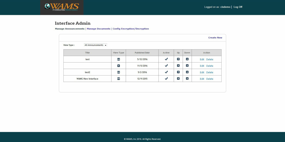 WAMS Inc – Interface Admin Manage Announcements