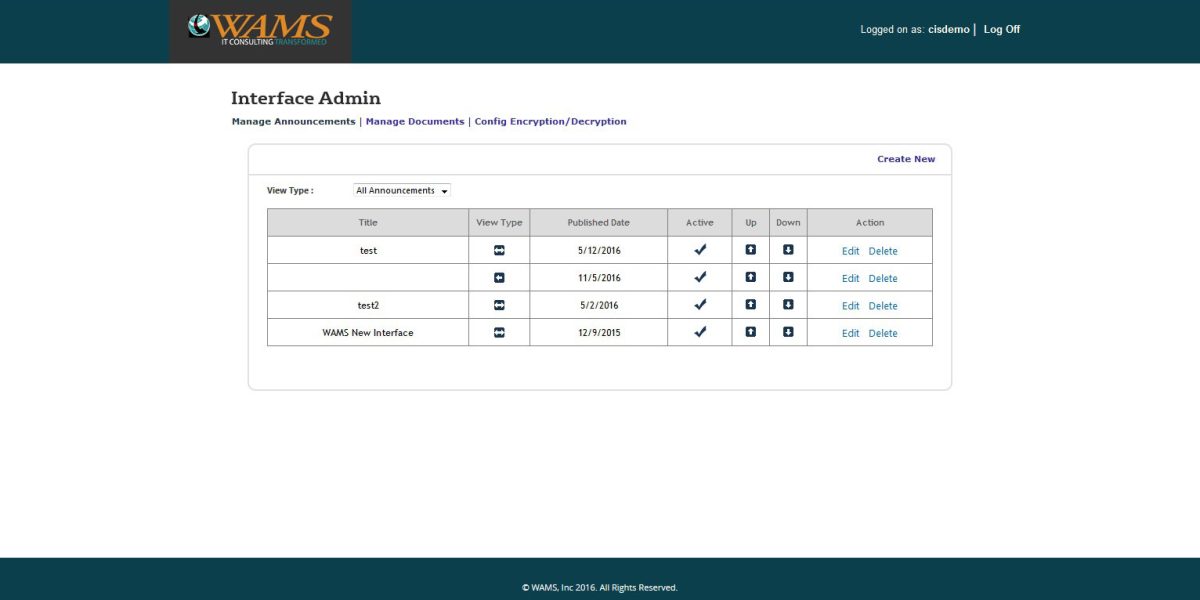WAMS Inc – Interface Admin Manage Announcements WAMS Inc – Interface Admin Manage Announcements