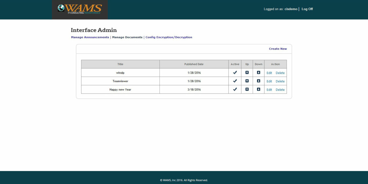 WAMS Inc – Interface Admin Manage Documents