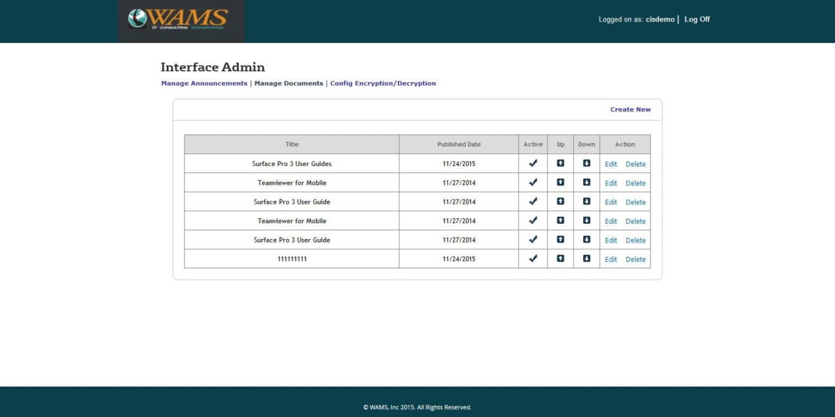 WAMS Inc – Interface Admin Manage Documents