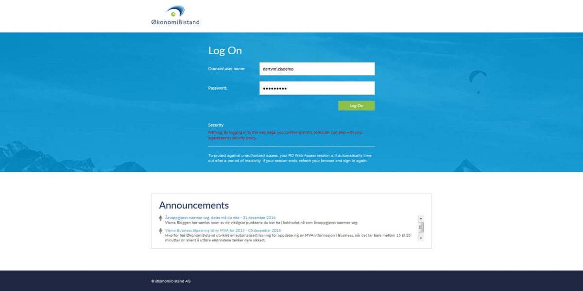 Okonomibistand - Remote Desktop Web Access 2008 & 2012 R2 - Login Okonomibistand - Remote Desktop Web Access 2008 & 2012 R2