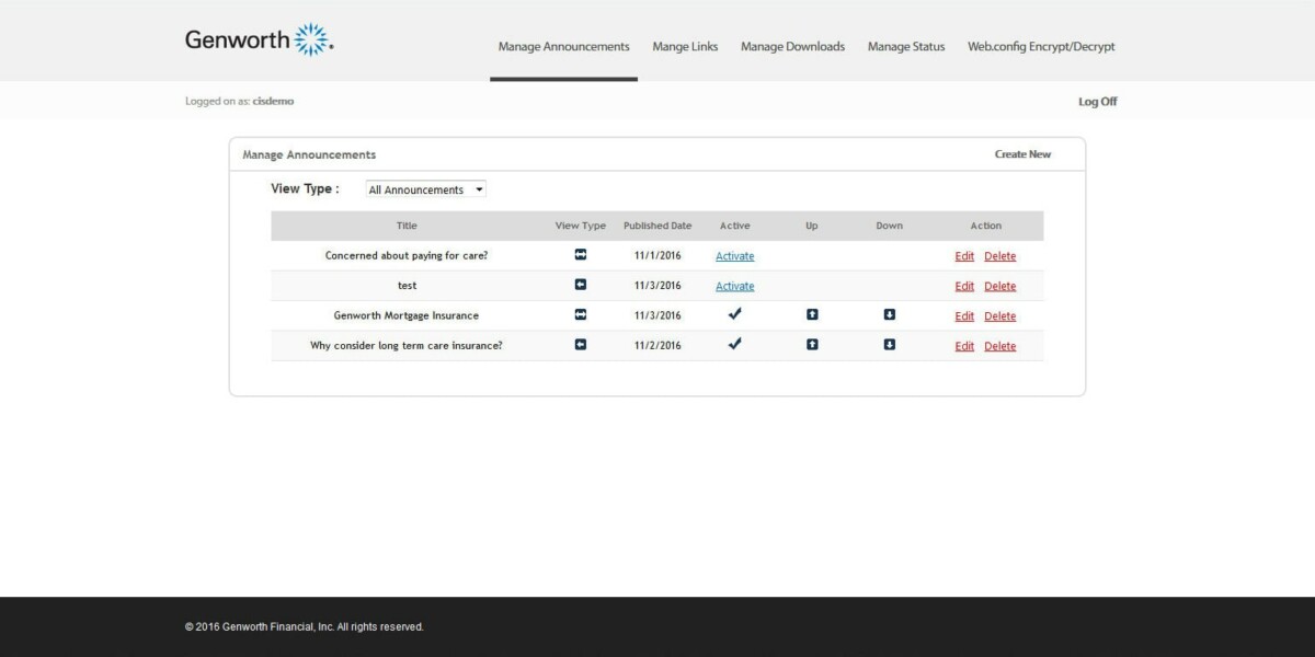 Genworth – Interface Admin Manage Announcements