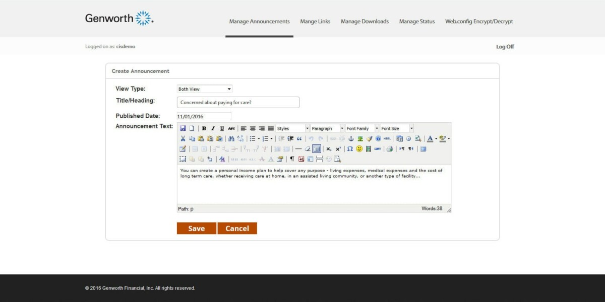 Genworth – Interface Admin Create Announcement