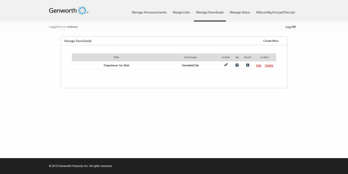 Genworth – Interface Admin Manage Downloads