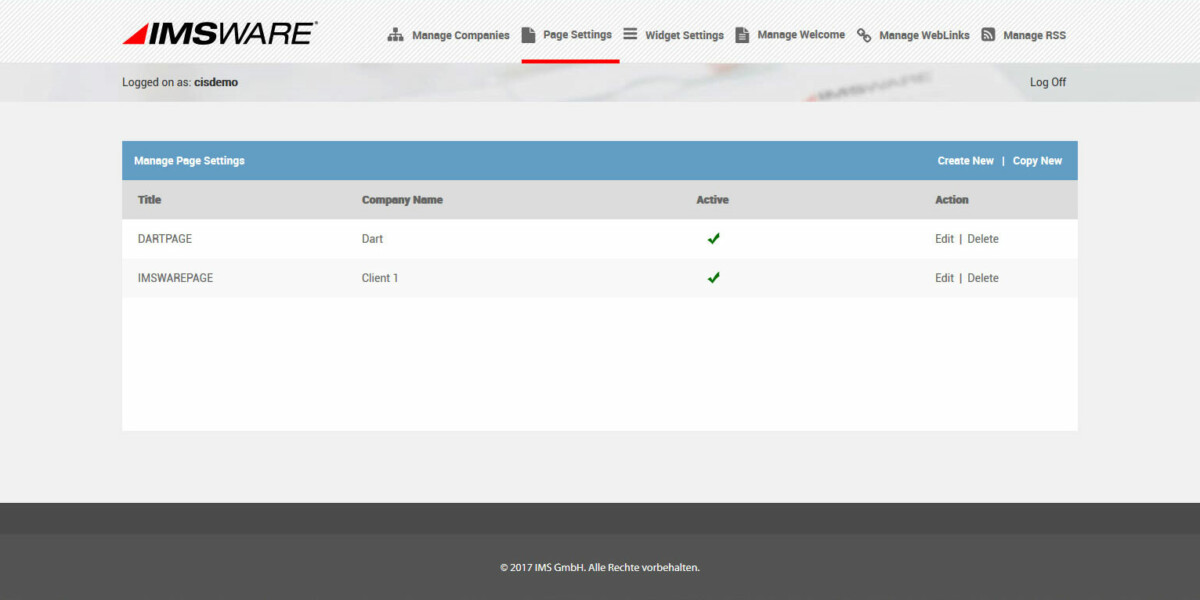 IMSWARE – Interface Admin Manage page settings
