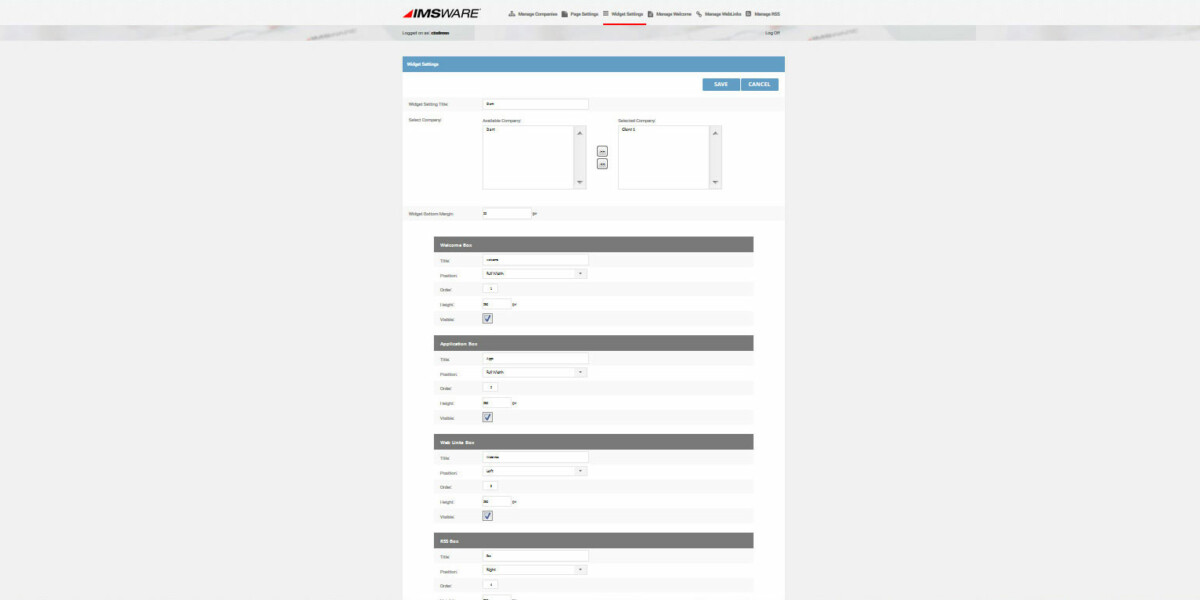 IMSWARE – Interface Admin Widget Settings