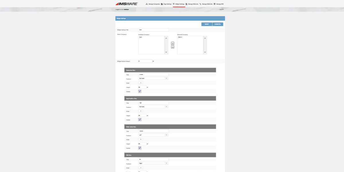 IMSWARE – Interface Admin Widget Settings IMSWARE – Interface Admin Widget Settings