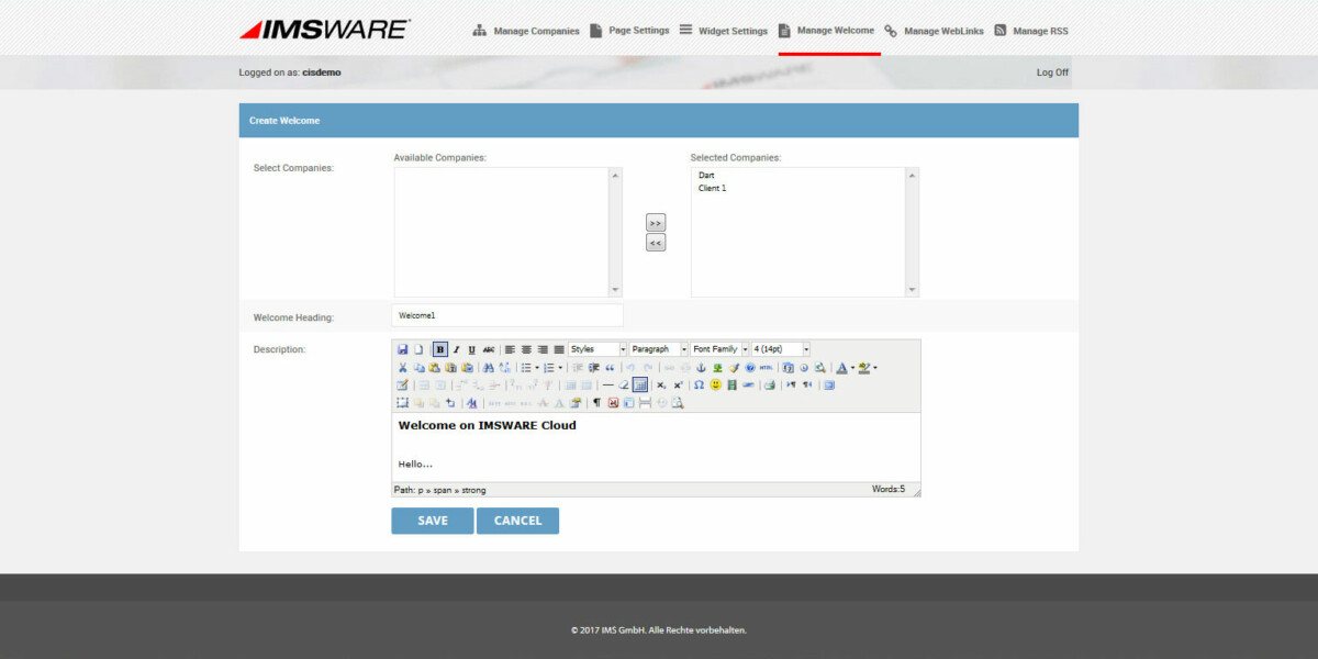 IMSWARE – Interface Admin Create Welcome