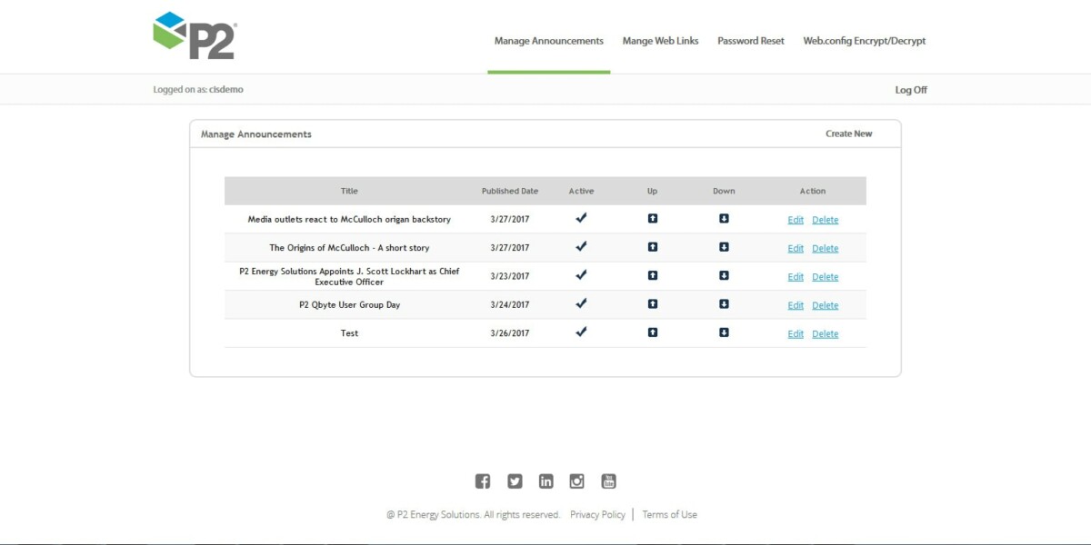 P2 Energy Solutions – Interface Admin Manage Announcements P2 Energy Solutions – Interface Admin Manage Announcements