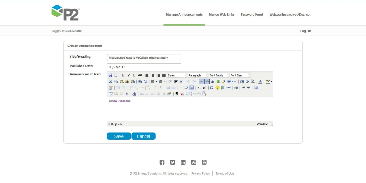 P2 Energy Solutions – Interface Admin Create Announcements P2 Energy Solutions – Interface Admin Create Announcements