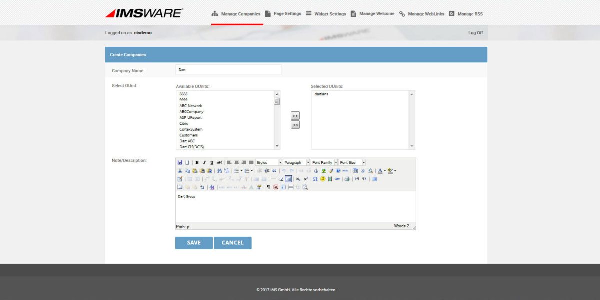 IMSWARE – Interface
Admin Widget Settings