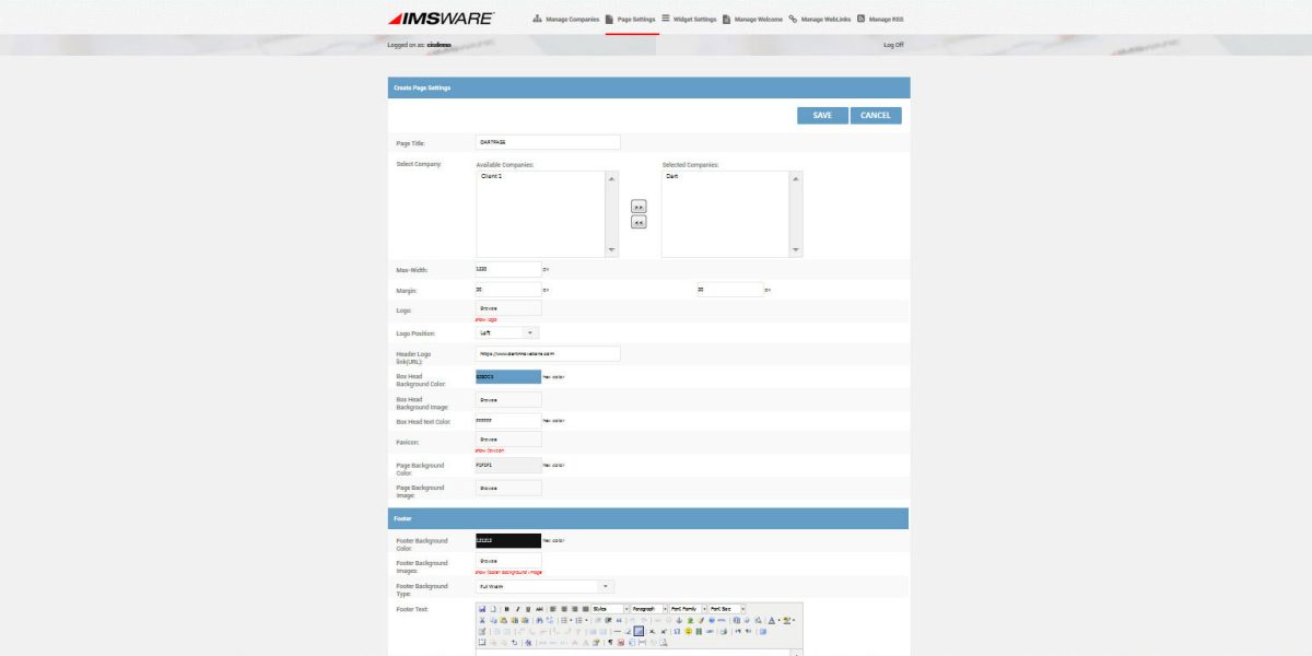 IMSWARE – Interface Admin Create page settings