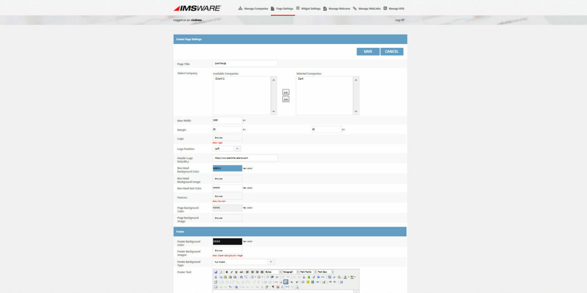 IMSWARE – Interface Admin Create page settings