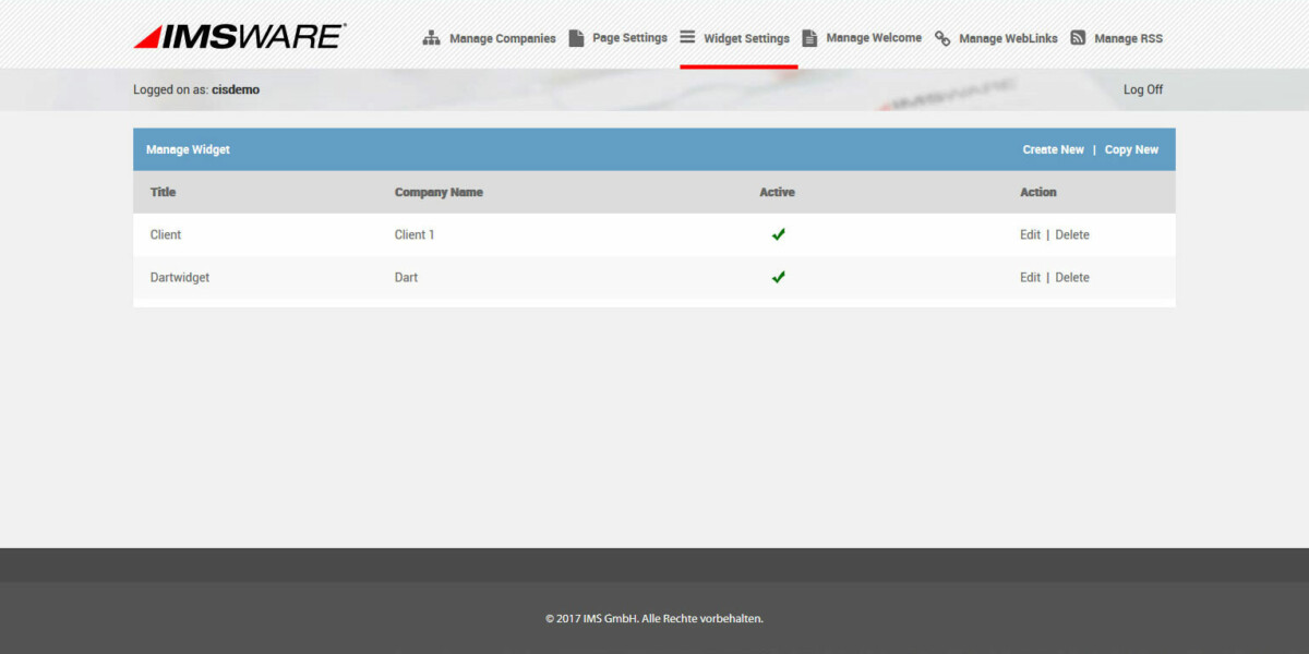 IMSWARE – Interface Admin Manage page settings