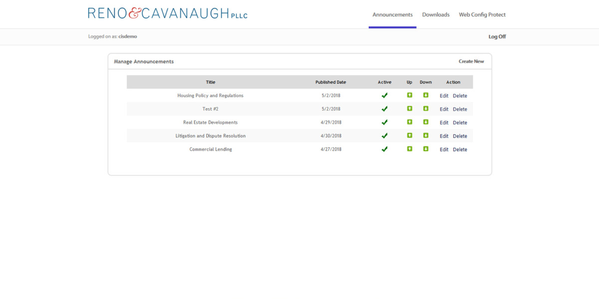 Reno & Cavanaugh – Interface Admin Manage Announcements Reno & Cavanaugh – Interface Admin Manage Announcements