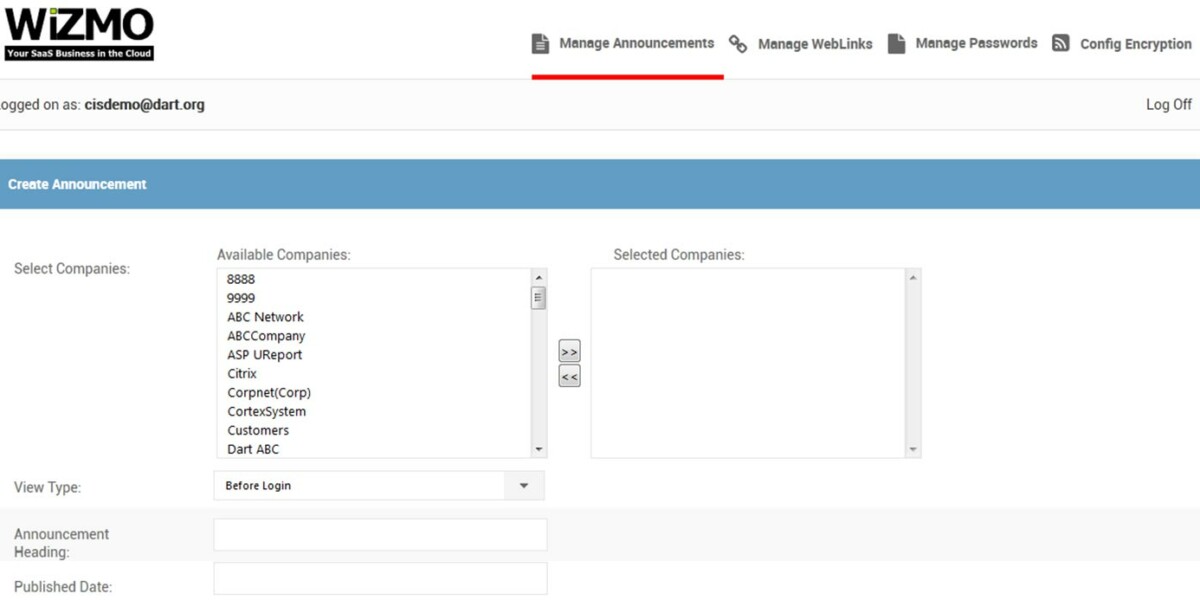 WIZMO – Interface Admin Create AnnouncementWIZMO – Interface Admin Create Announcement