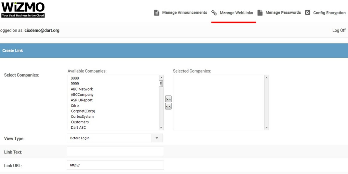 WIZMO – Interface Admin CreateLink