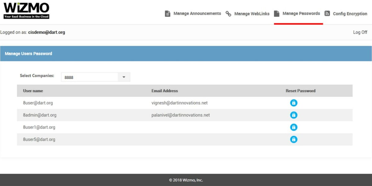 WIZMO – Interface Admin Manage Password