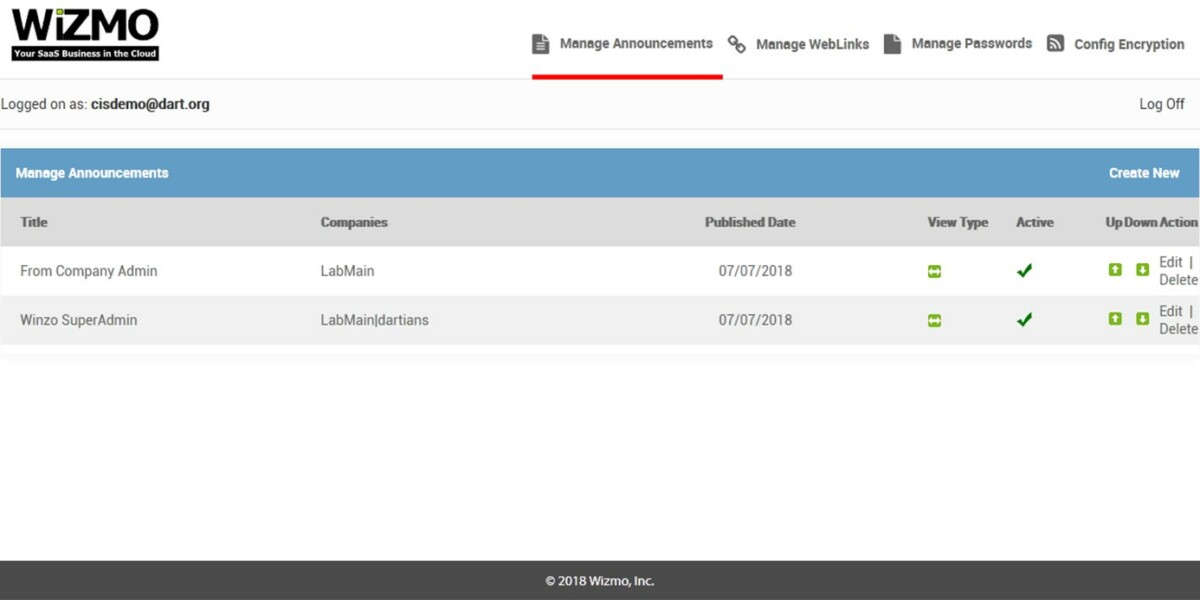 WIZMO – Interface Admin Manage Announcements