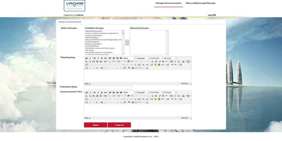 VADAR Systems - StoreFront 3.12 - Create-Announcement VADAR Systems - StoreFront 3.12 - Create-Announcement