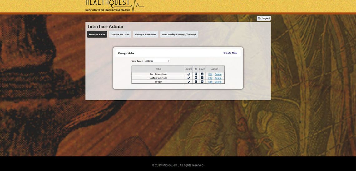 HealthQuest -RDWeb - 2019 - Interface Admin Manage Links HealthQuest -RDWeb - 2019 - Interface Admin Manage Links