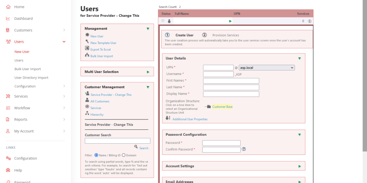 Atria User Creation page